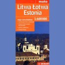 Litwa, Łotwa, Estonia. Mapa samochodowa 1:600 000.